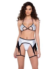 Ring Hologram Garter Belt with Fringe Trim &amp; Leg Strap