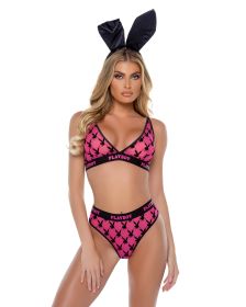 Playboy Flocked Bunny Bralette 2pc Set (Color: Pink, size: medium)