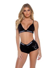 Playboy Bunny Slumber Lounge Bralette 2pc Set (Color: Black, size: small)