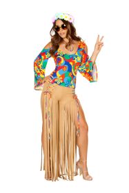 Trendy Top with Keyhole Sleeve and Fringe Pants (Color: Multi/Honey, size: S)