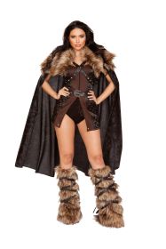 Faux Fur Slit Dress & Cape Set (Color: Black/Brown, size: S)