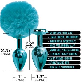 Nixie Metal Butt Plug Set Pom Pom And Jewel Inlaid (Color: Blue Metallic)